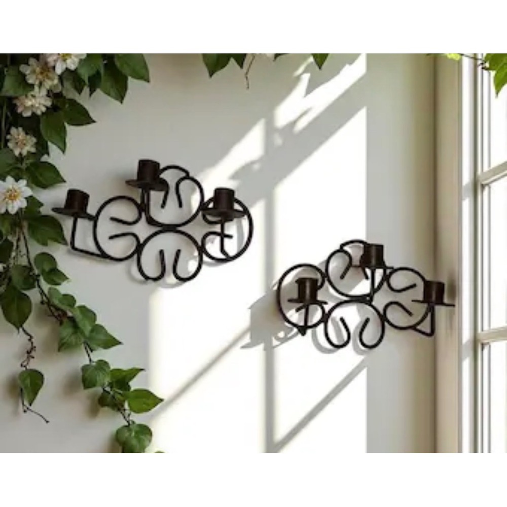 Vtg Wrought Iron Wall Sconce Pair 3 Taper Candle Holder Rustic Scrollwork